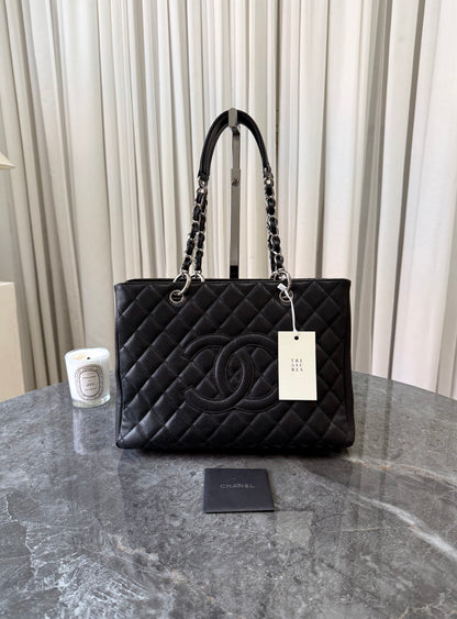 CHANEL CAVIAR GRAND TOTE BAG BLACK SILVER HW
