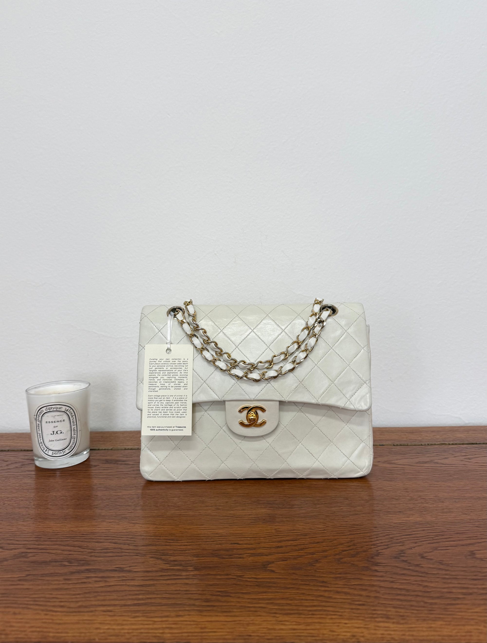 CHANEL CLASSIC DOUBLE FLAP BAG WHITE MEDIUM TALL 24K GOLD