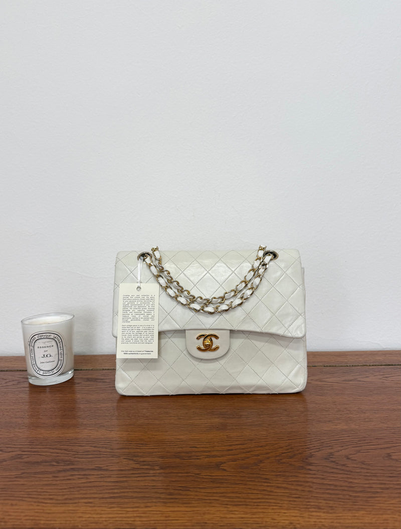 CHANEL CLASSIC DOUBLE FLAP BAG WHITE MEDIUM TALL 24K GOLD