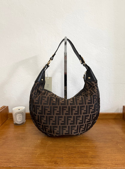 FENDI HALF MOON ZUCCA CANVAS HOBO BAG BROWN