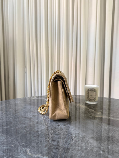CHANEL CLASSIC DOUBLE FLAP BAG MEDIUM BEIGE 24K GOLD HW