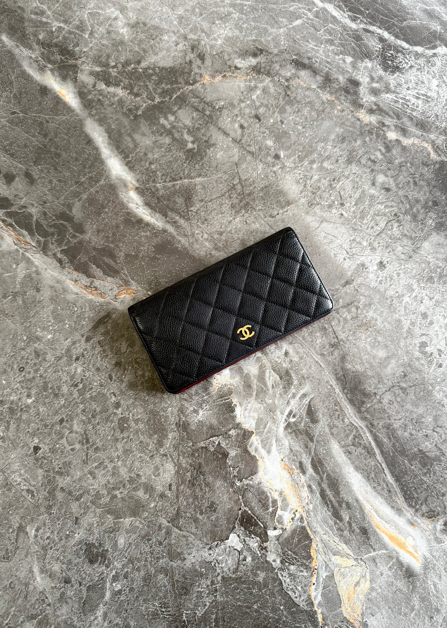 CHANEL CAVIAR LONG WALLET BLACK GOLD HW SERIES 16