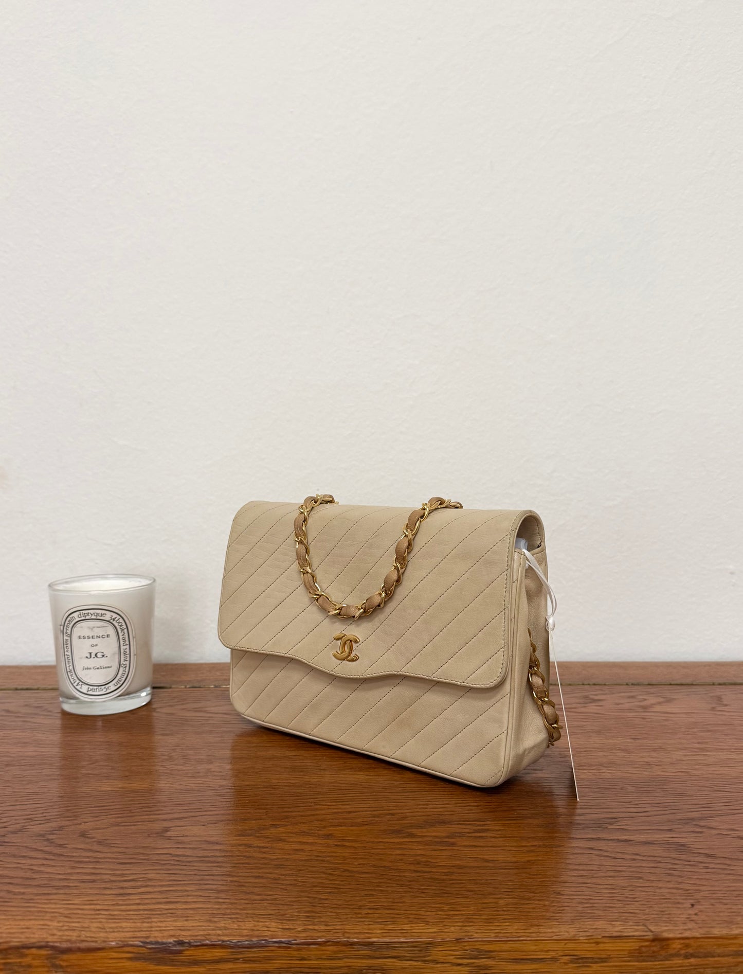 CHANEL SINGLE FLAP DIAGONAL STITCH BEIGE 24k GOLD
