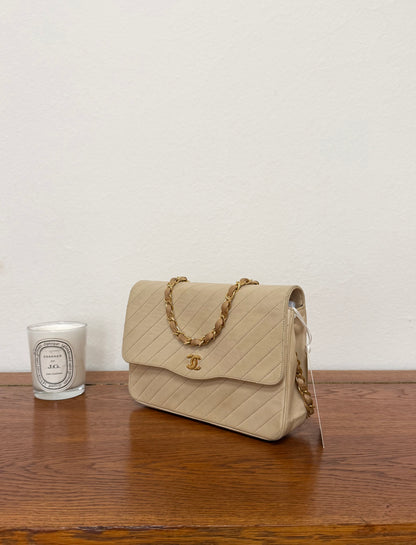 CHANEL SINGLE FLAP DIAGONAL STITCH BEIGE 24k GOLD