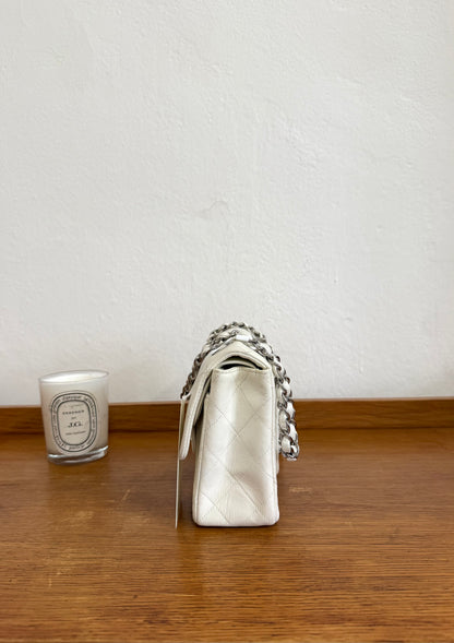 CHANEL CLASSIC DOUBLE FLAP BAG SILVER HW WHITE KARL LAGERFELD
