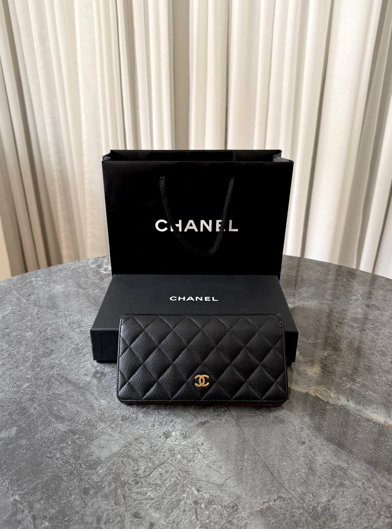 CHANEL CAVIAR LONG WALLET BLACK GOLD HW SERIES 21