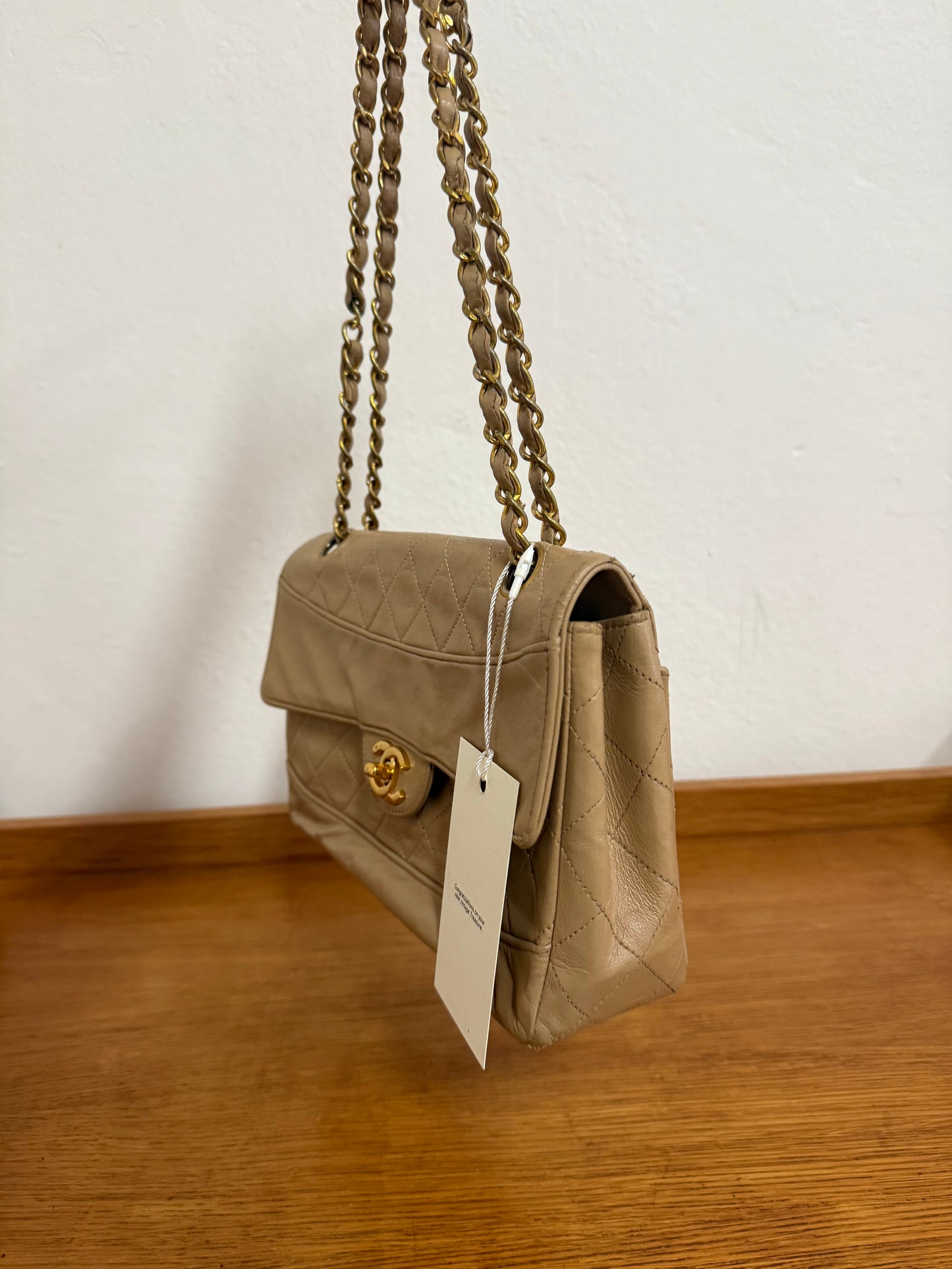 CHANEL TWIST LOCK CLASSIC FLAP BAG BEIGE