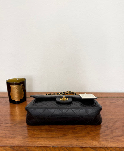 CHANEL TIMELESS CLASSIC DOUBLE FLAP BAG MEDIUM BLACK LAMBSKIN 24K GOLD HW