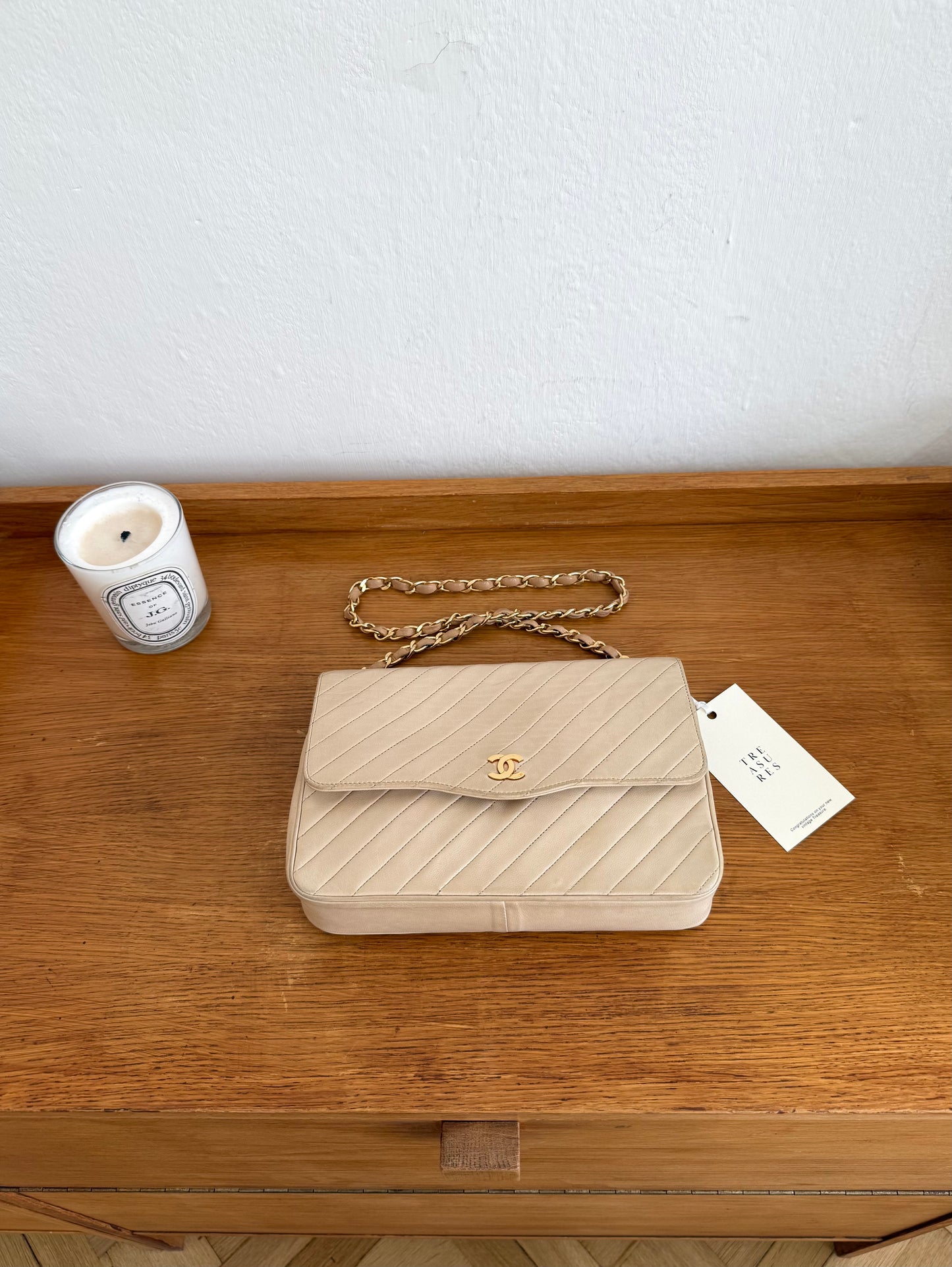 CHANEL SINGLE FLAP DIAGONAL STITCH BEIGE 24k GOLD