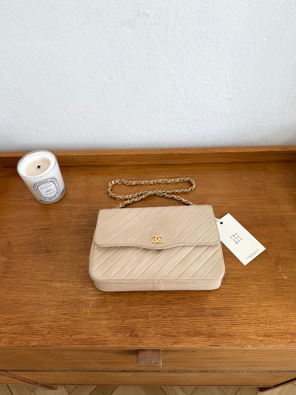 CHANEL SINGLE FLAP DIAGONAL STITCH BEIGE 24k GOLD