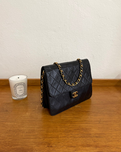 CHANEL CLASSIC SINGLE FLAP BAG LAMBSKIN BLACK 24K GOLD HW