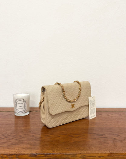 CHANEL SINGLE FLAP DIAGONAL STITCH BEIGE 24k GOLD