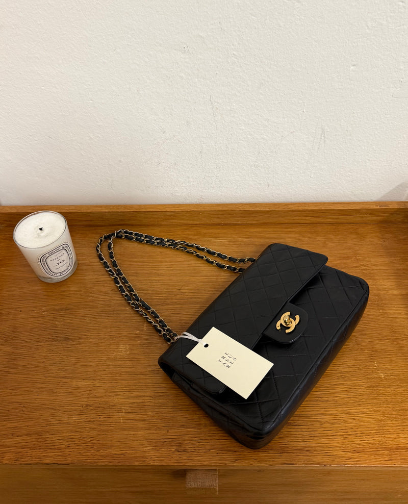 CHANEL CLASSIC DOUBLE FLAP BAG MEDIUM BLACK 24K GOLD HW