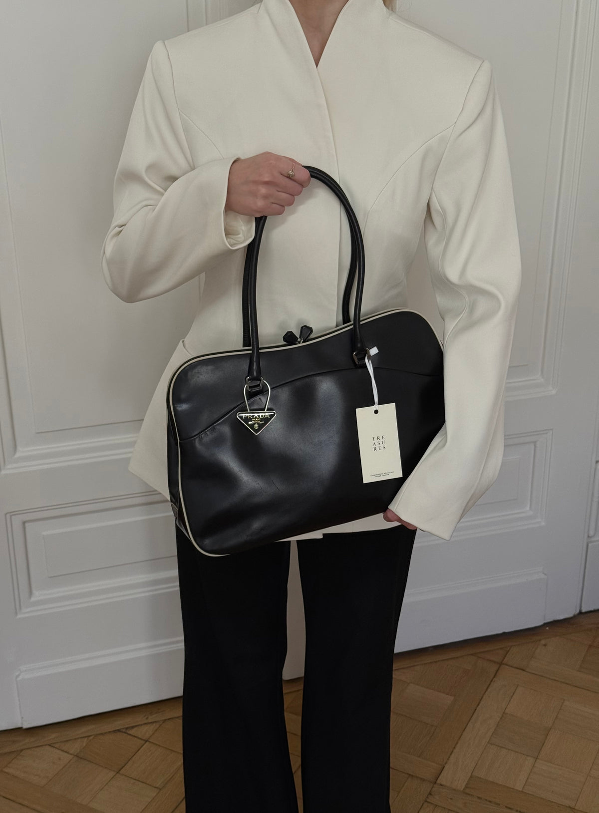 Prada Triangle Keyring Bowling Bag Spazzolato Black