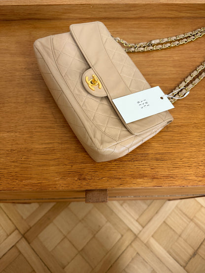 CHANEL TWIST LOCK CLASSIC FLAP BAG BEIGE