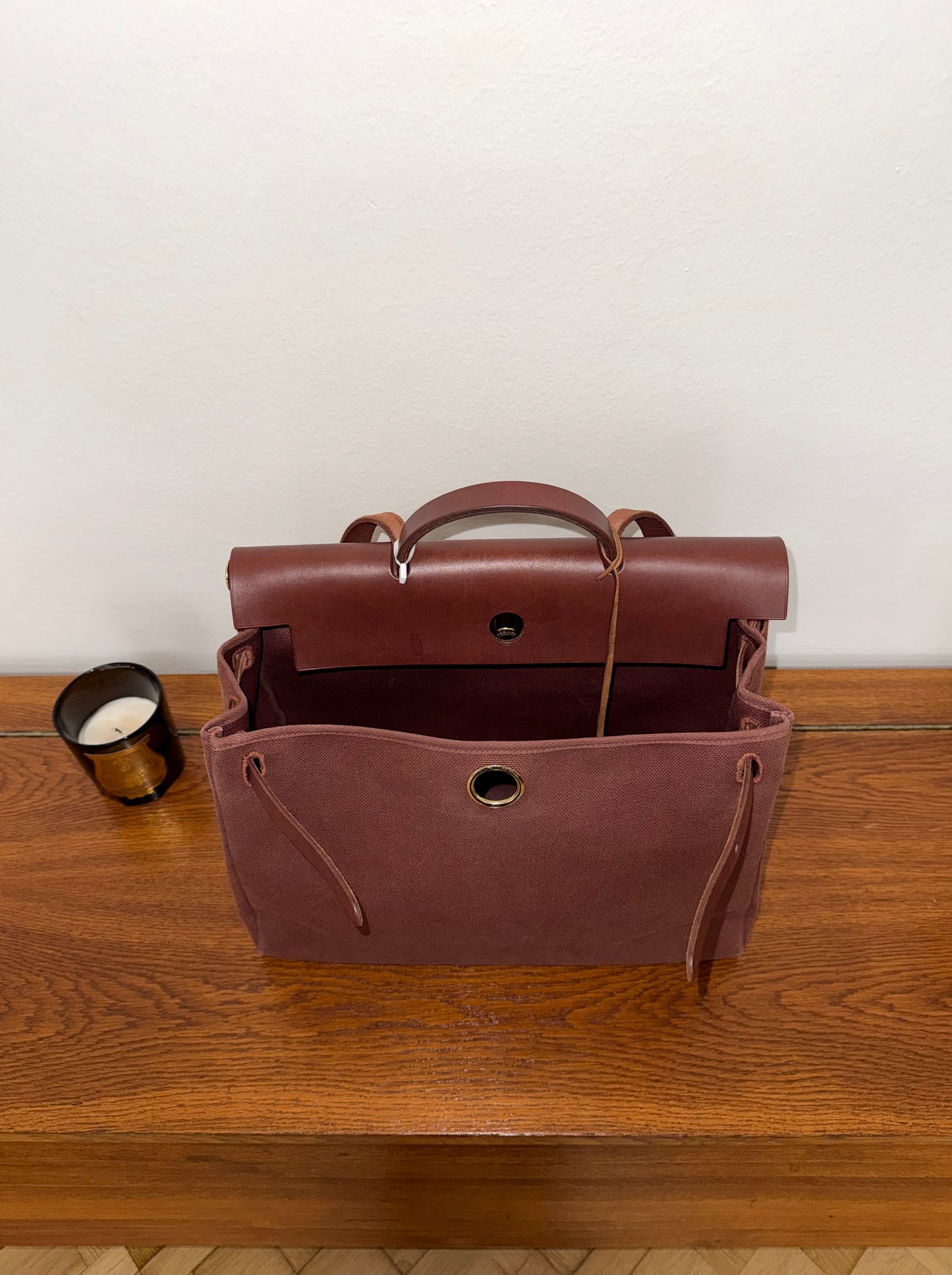 HERMÈS HERBAG HANDBAG BURGUNDY CANVAS & LEATHER