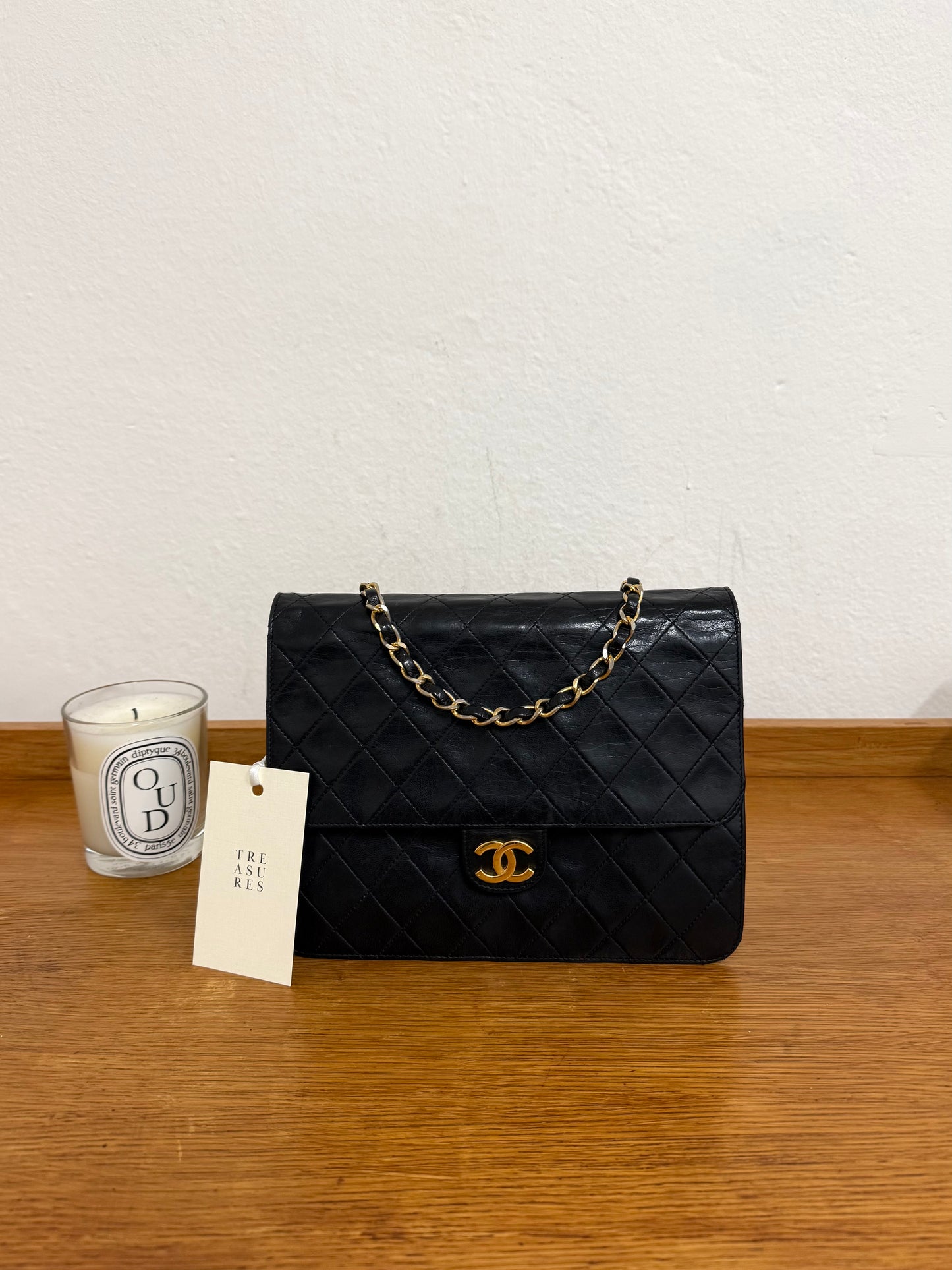 CHANEL CLASSIC SINGLE FLAP BAG LAMBSKIN BLACK 24K GOLD HW