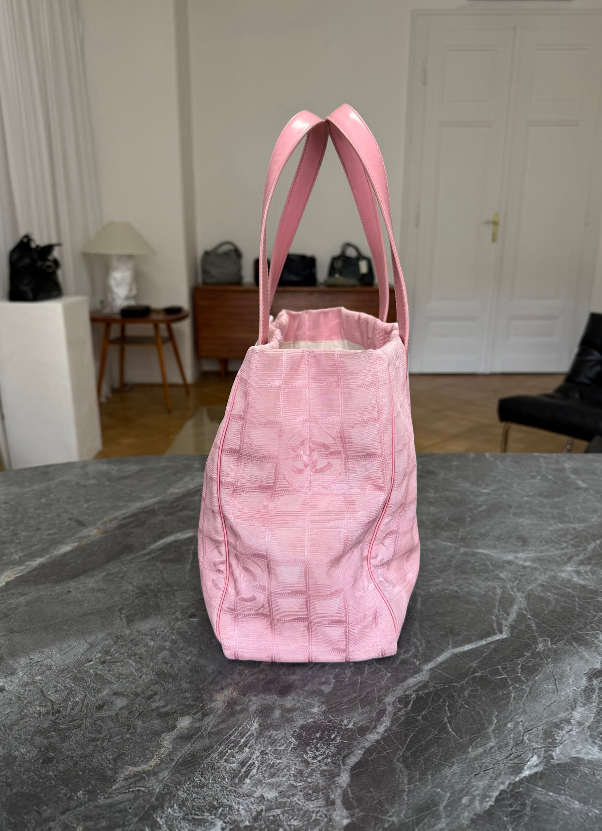 Chanel Pink New Travel Line Tote Bag MM Canvas Silver HW