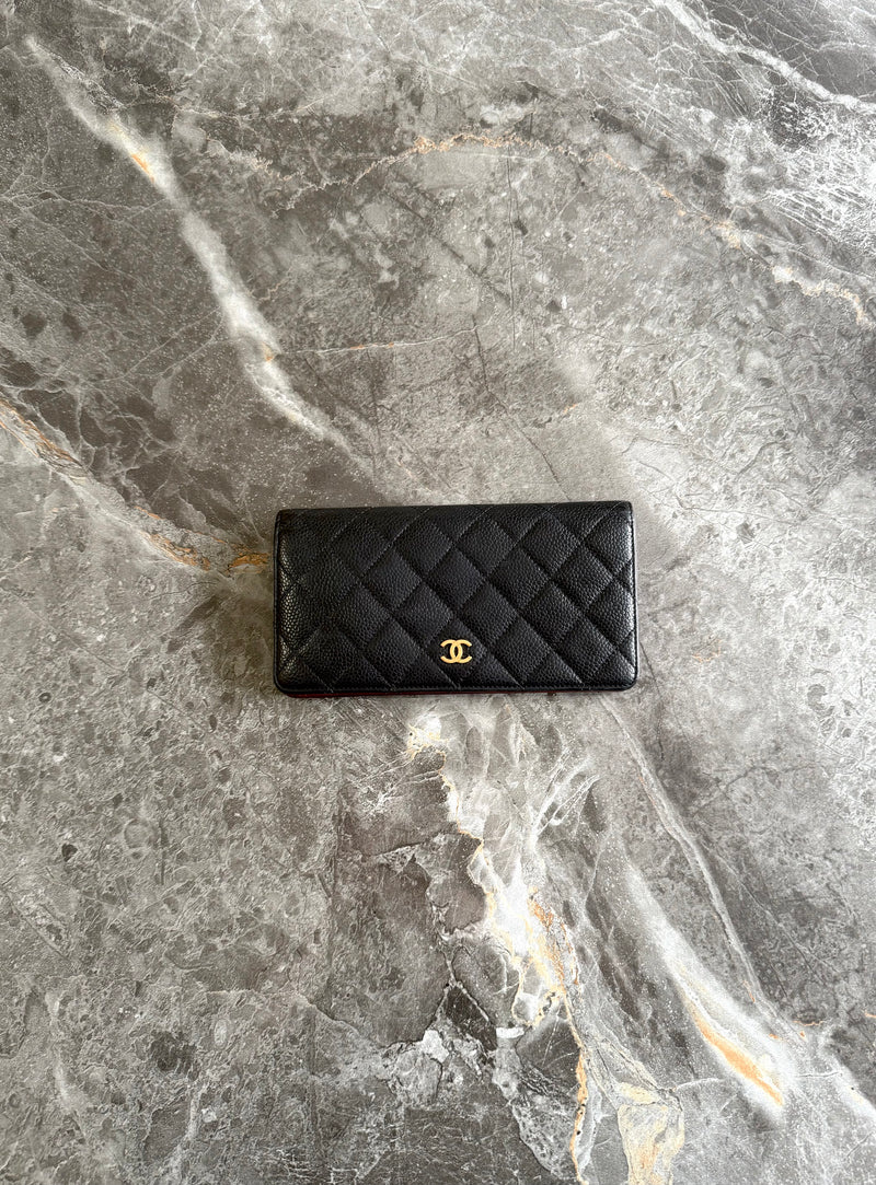 CHANEL CAVIAR LONG WALLET BLACK GOLD HW SERIES 16