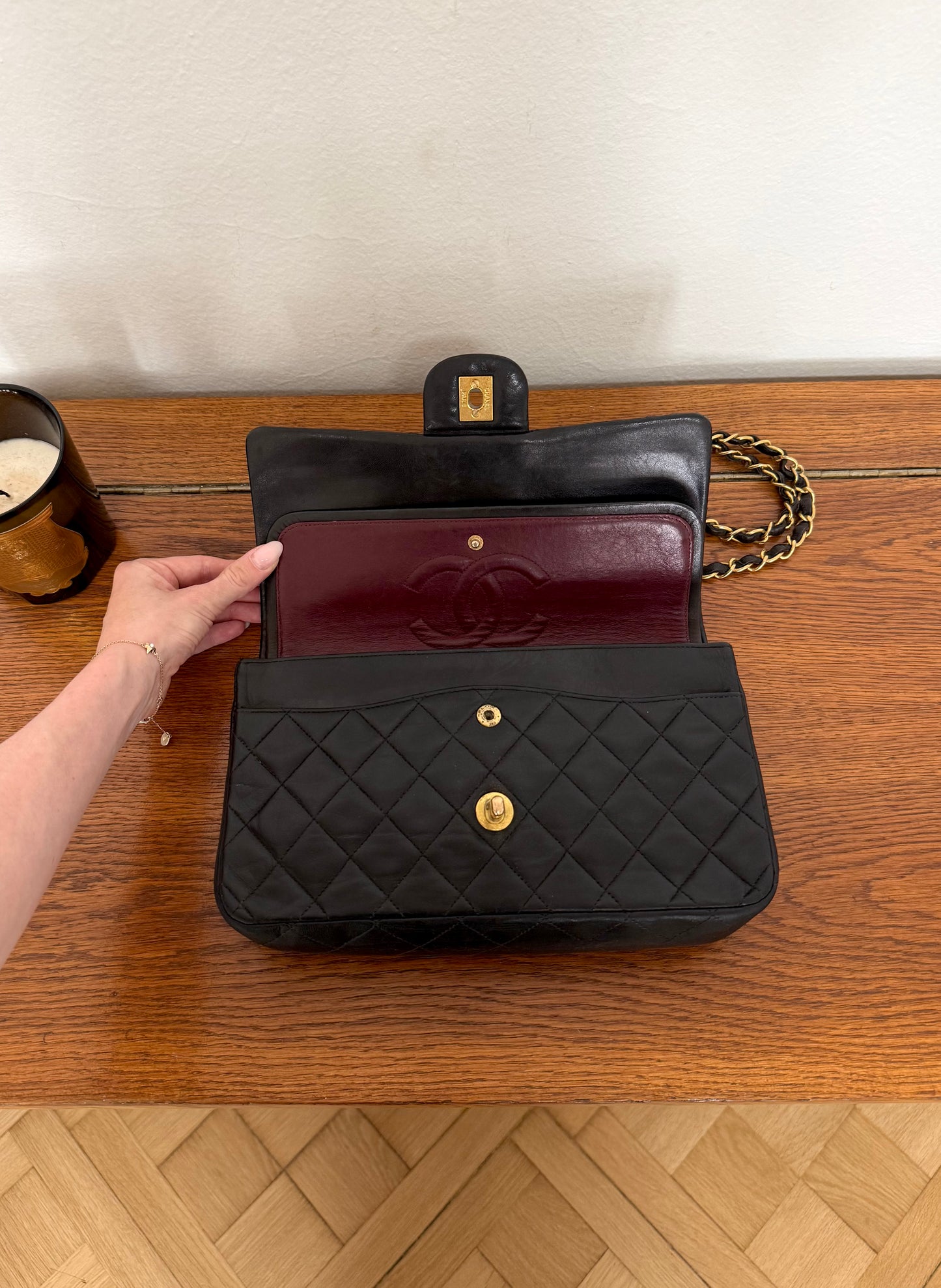 CHANEL TIMELESS CLASSIC DOUBLE FLAP BAG MEDIUM BLACK LAMBSKIN 24K GOLD HW