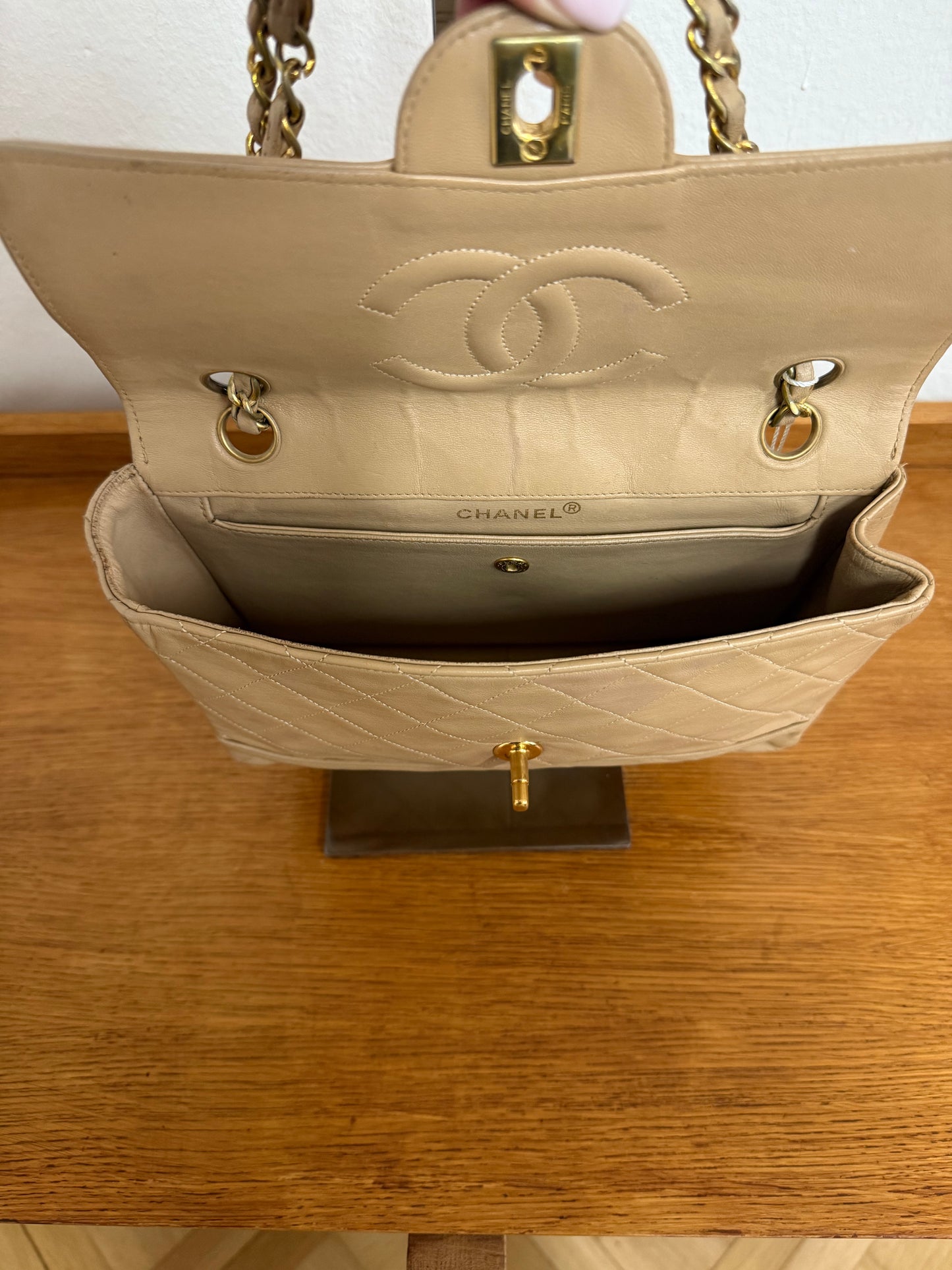 CHANEL TWIST LOCK CLASSIC FLAP BAG BEIGE