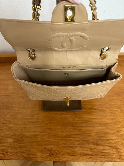 CHANEL TWIST LOCK CLASSIC FLAP BAG BEIGE