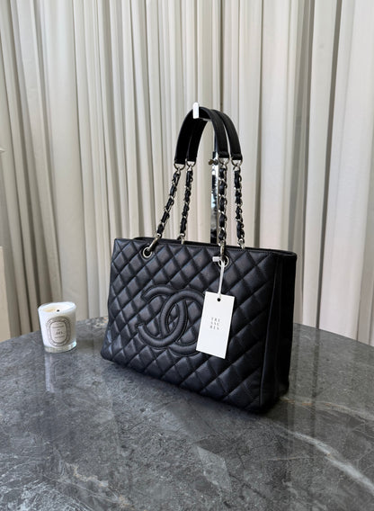 CHANEL CAVIAR GRAND TOTE BAG BLACK SILVER HW