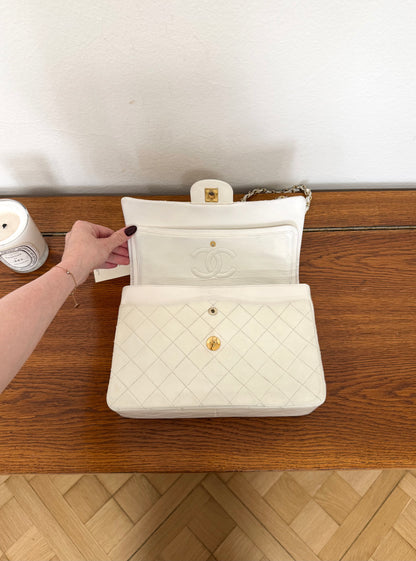 CHANEL CLASSIC DOUBLE FLAP BAG WHITE MEDIUM TALL 24K GOLD