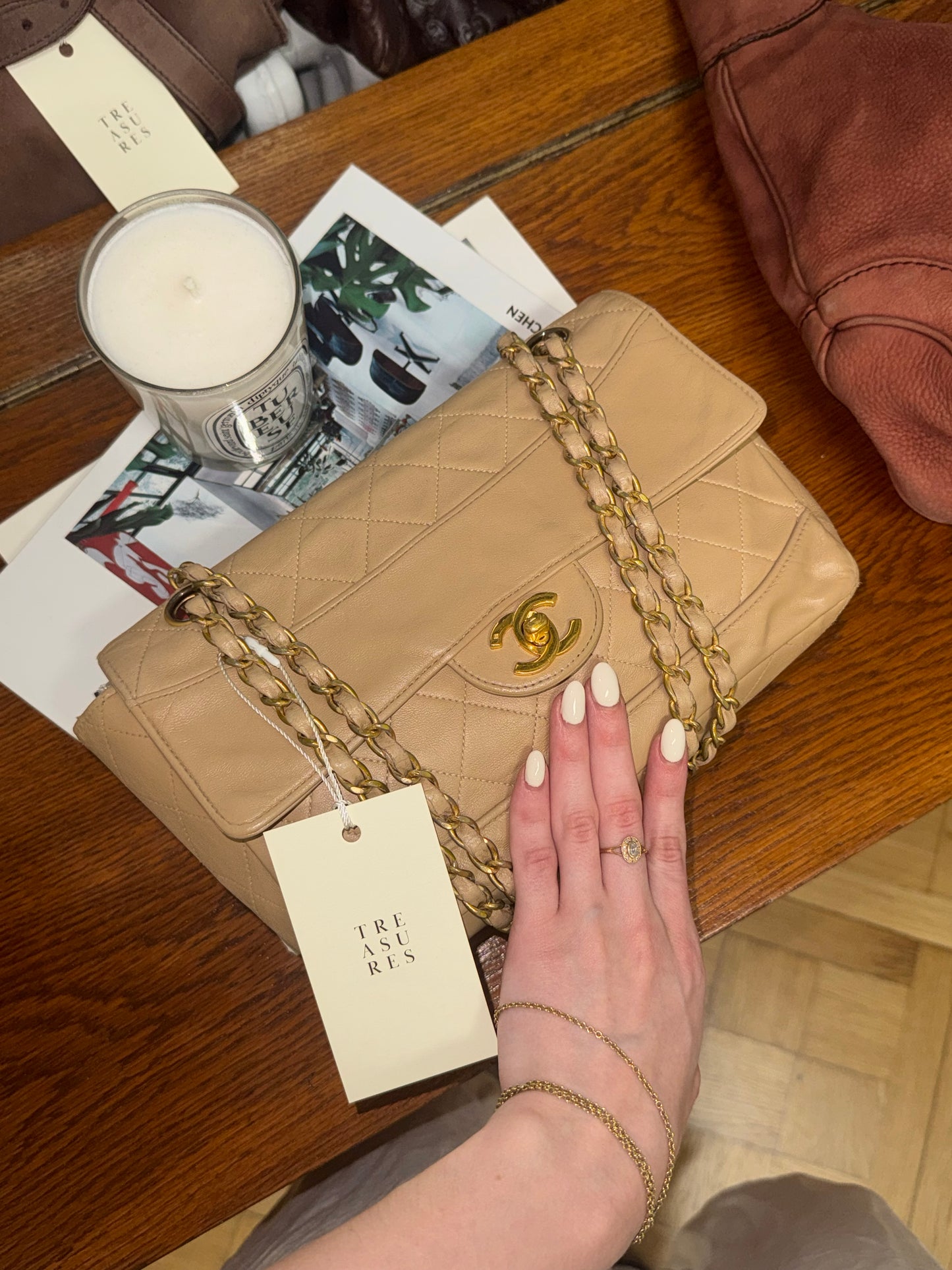 CHANEL TWIST LOCK CLASSIC FLAP BAG BEIGE
