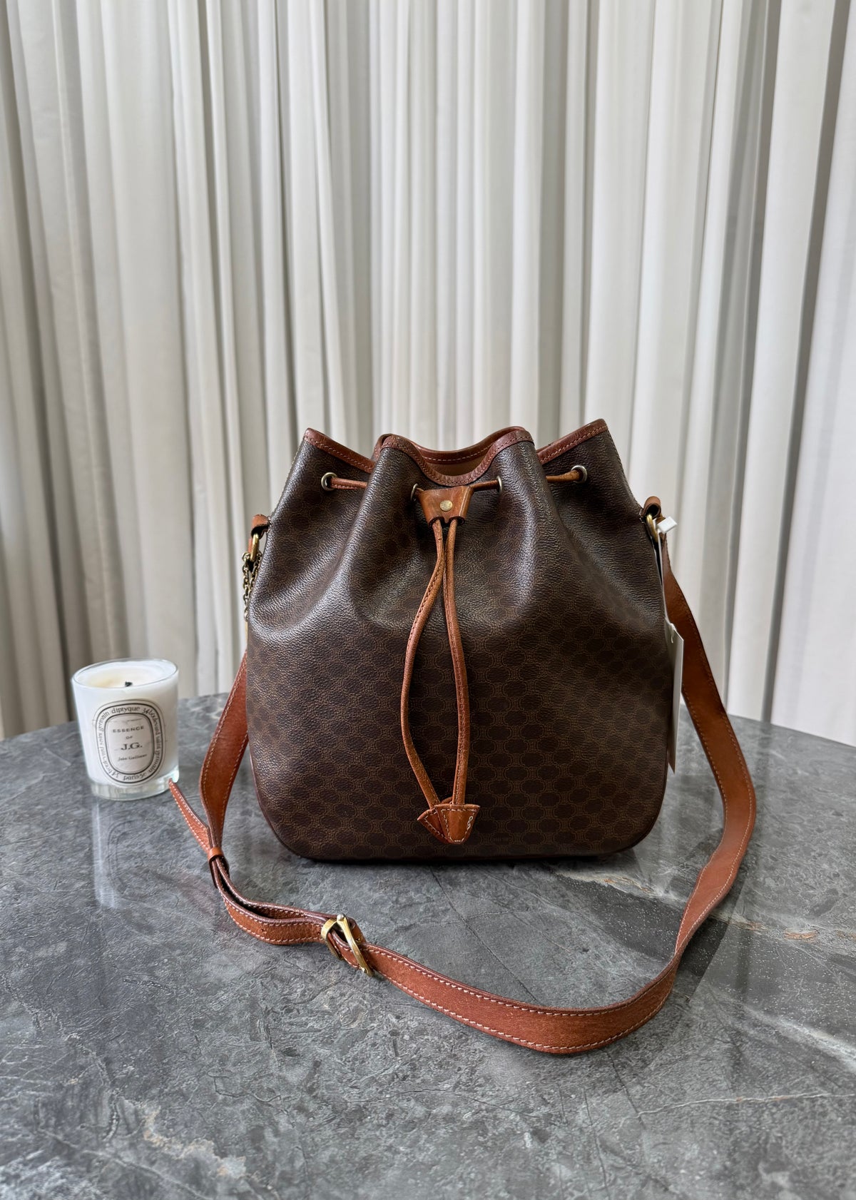 CELINE MACADAM DRAWSTRING BUCKET SHOULDER BAG