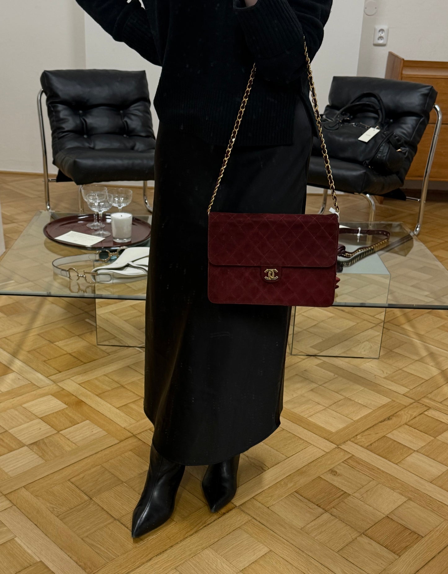 CHANEL CLASSIC SUEDE BURGUNDY SINGLE FLAP BAG