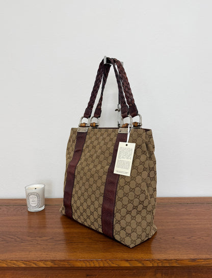 GUCCI GG CANVAS BAMBOO LIBECCIO TOTE BAG BROWN