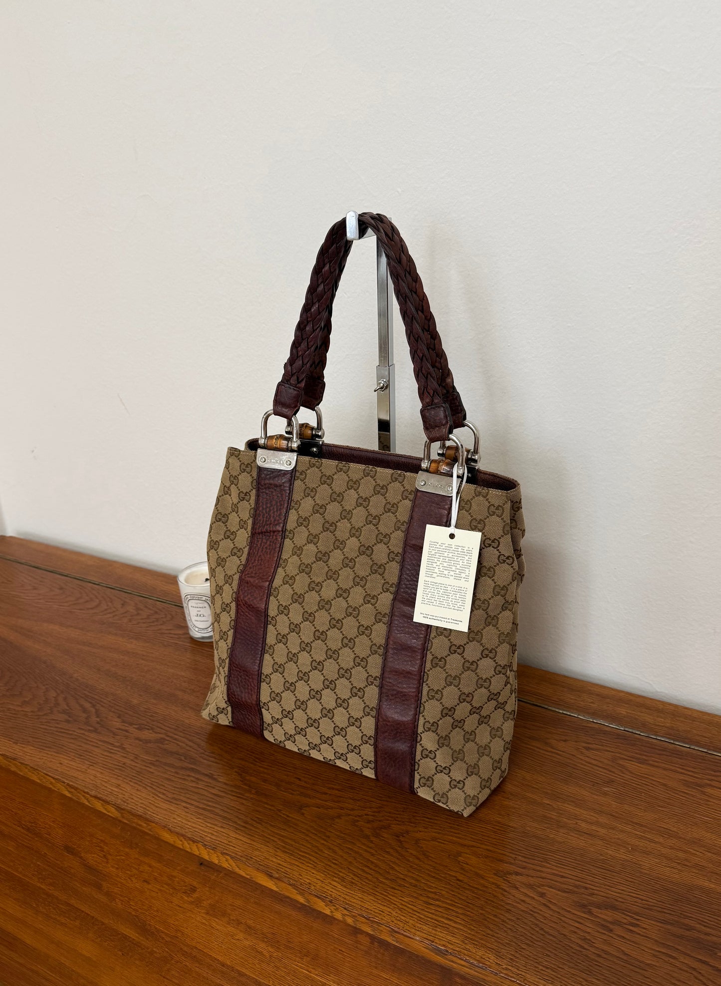 GUCCI GG CANVAS BAMBOO LIBECCIO TOTE BAG BROWN