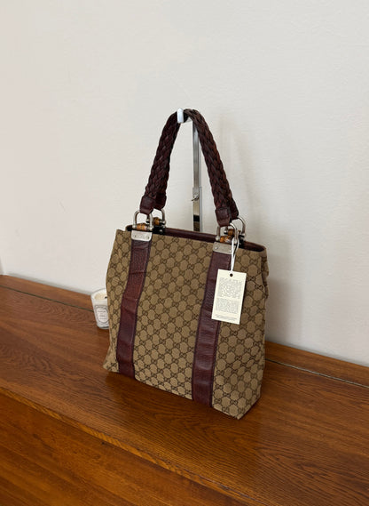 GUCCI GG CANVAS BAMBOO LIBECCIO TOTE BAG BROWN