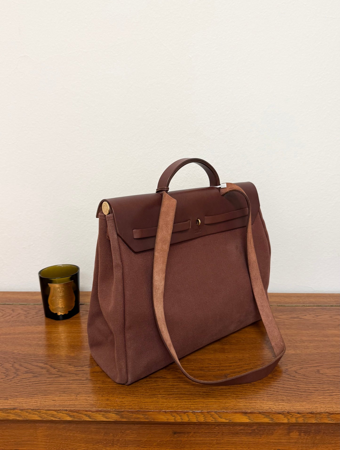 HERMÈS HERBAG HANDBAG BURGUNDY CANVAS & LEATHER