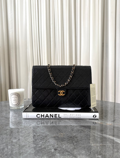 CHANEL BLACK SINGLE FLAP LAMBSKIN 24K GOLD HW