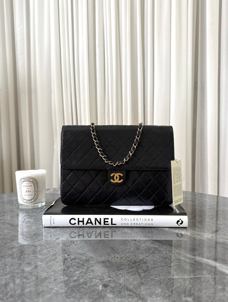 CHANEL BLACK SINGLE FLAP LAMBSKIN 24K GOLD HW