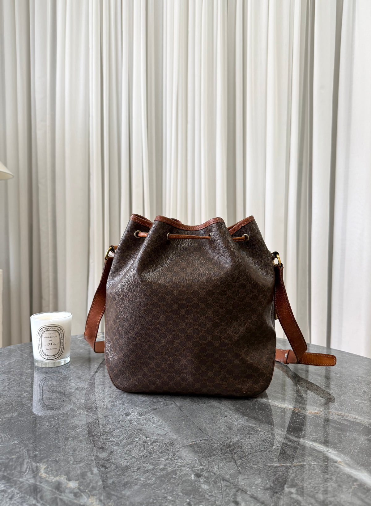 CELINE MACADAM DRAWSTRING BUCKET SHOULDER BAG