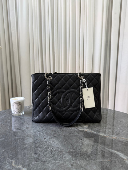 CHANEL CAVIAR GRAND TOTE BAG BLACK SILVER HW
