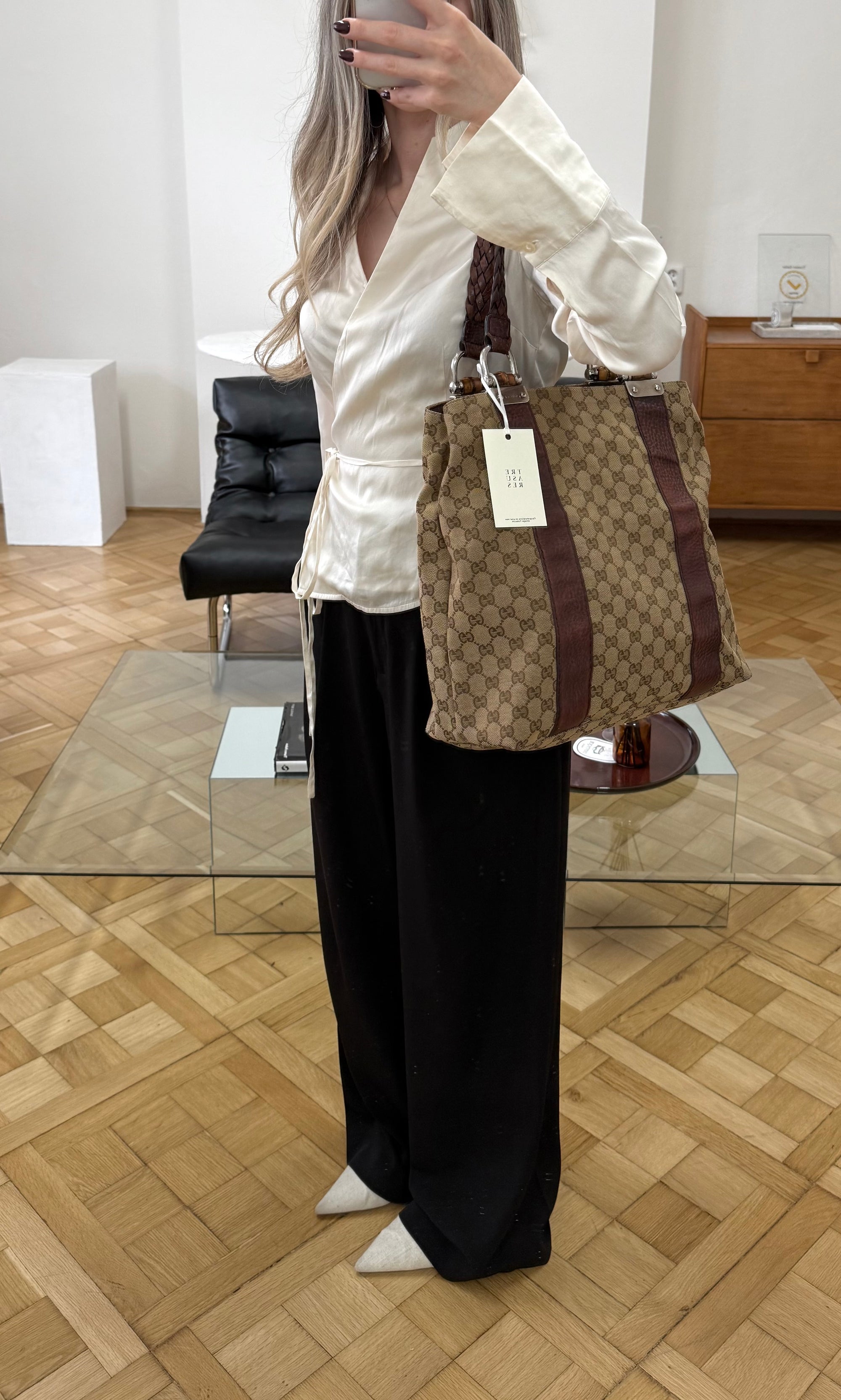 GUCCI GG CANVAS BAMBOO LIBECCIO TOTE BAG BROWN
