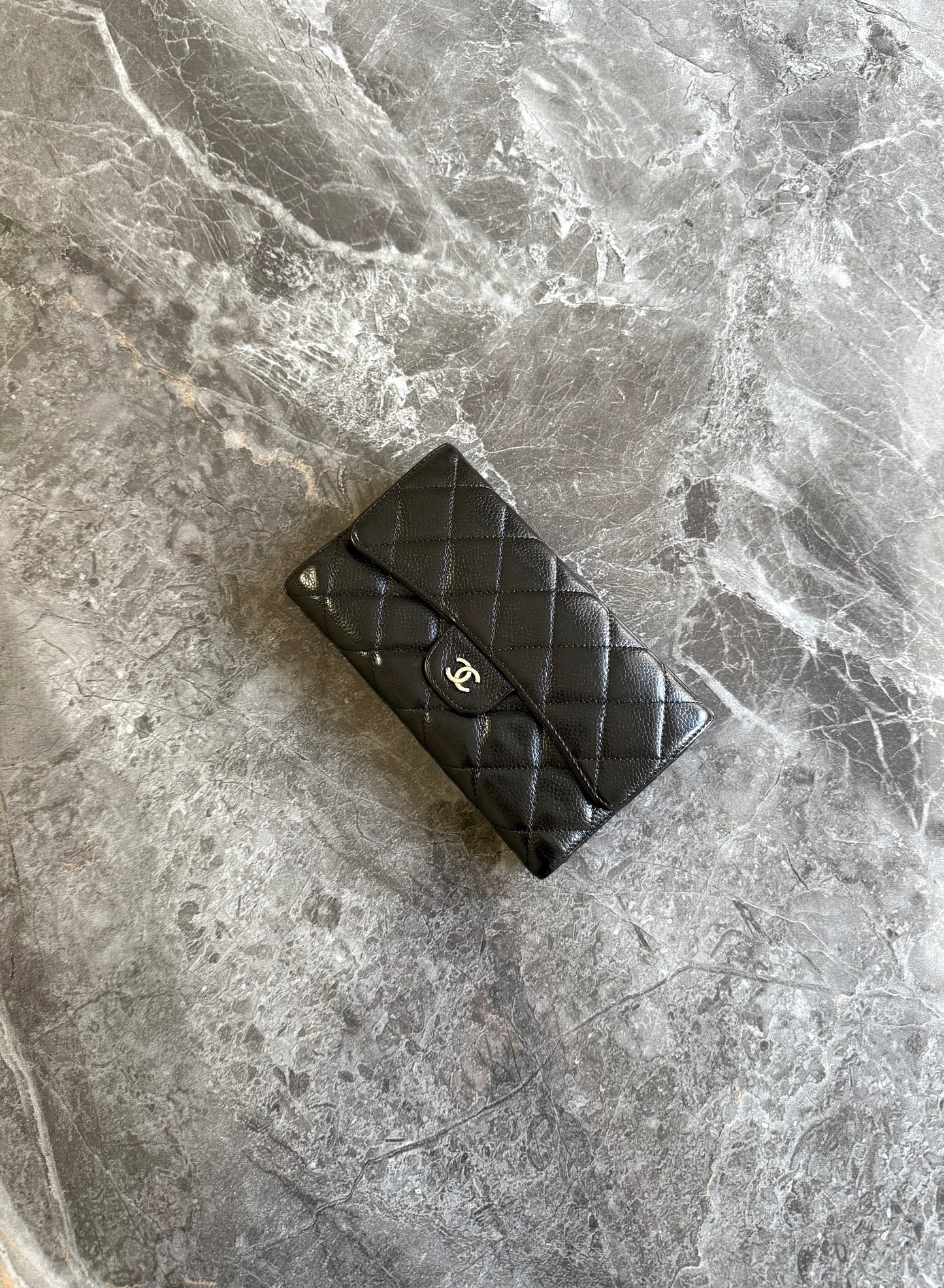 CHANEL CLASSIC LONG WALLET BLACK CAVIAR SILVER HW SERIES 12