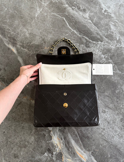 CHANEL CLASSIC DOUBLE FLAP BAG BLACK MEDIUM TALL 24K GOLD HW