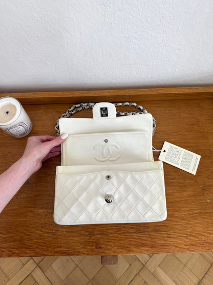 CHANEL CLASSIC DOUBLE FLAP BAG SILVER HW WHITE KARL LAGERFELD