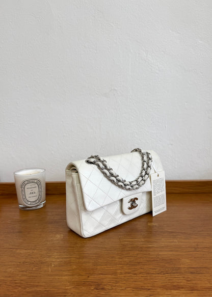 CHANEL CLASSIC DOUBLE FLAP BAG SILVER HW WHITE KARL LAGERFELD