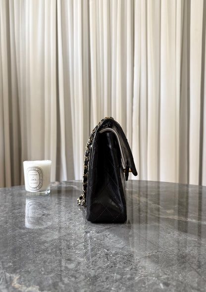 CHANEL CLASSIC DOUBLE FLAP BAG BLACK MEDIUM TALL 24K GOLD HW