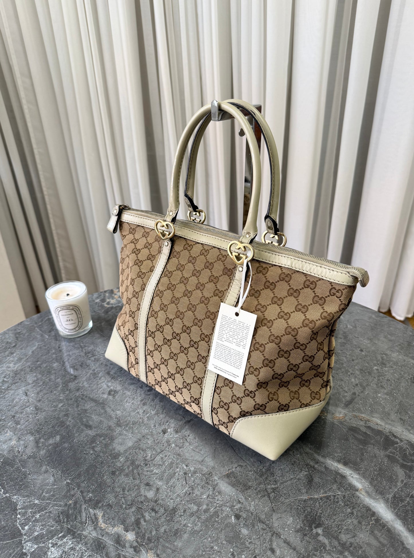 GUCCI HEART GG MONOGRAM SHOPPER TOTE BAG