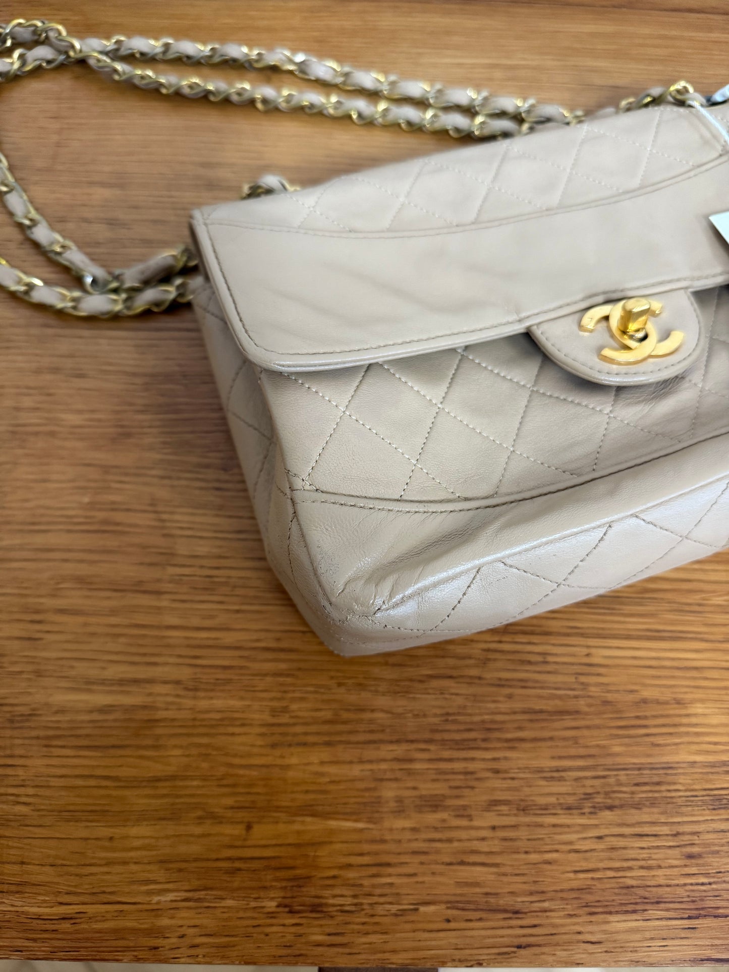 CHANEL TWIST LOCK CLASSIC FLAP BAG BEIGE