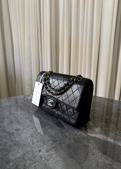 CHANEL CLASSIC DOUBLE FLAP MEDIUM CAVIAR BLACK SILVER HW