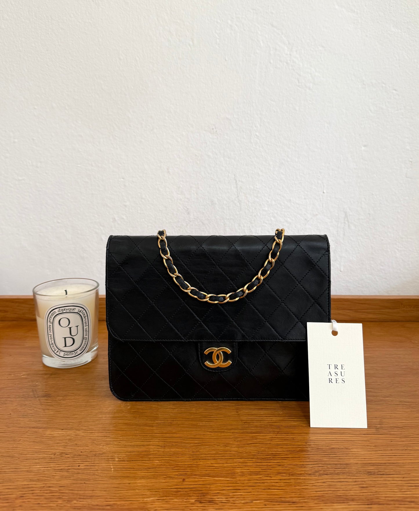 CHANEL CLASSIC SINGLE FLAP BAG LAMBSKIN BLACK 24K GOLD HW