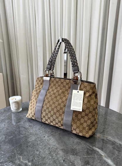 GUCCI GG CANVAS BAMBOO LIBECCIO TOTE BAG GREY